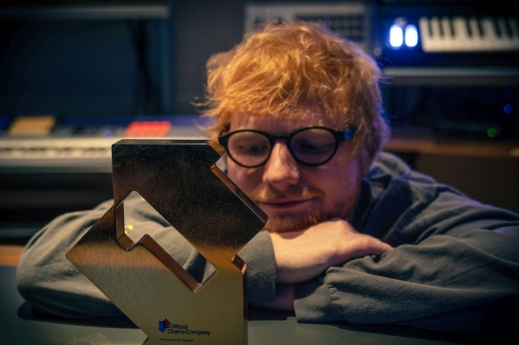 Ed Sheeran with his Official Number 1 Award for No.6 Collaborations Project (Credit: OfficialCharts.com)